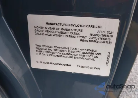 2021 Lotus Evora Gt Coupe z USA, uszkodzony, nr VIN SCCLMDDN7MHA21208